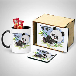 Ahşap Kutulu Sevimli Panda Bardak ve Altlık Seti - Thumbnail