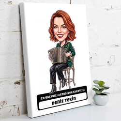  - Akordiyon Sanatçısı Müzisyen Kadın Karikatürlü Kanvas Tablo