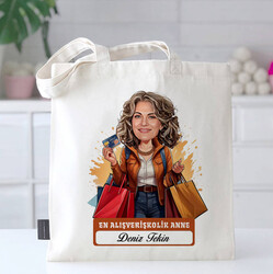  - Alışveriş Delisi Anne Karikatürlü Bez Çanta
