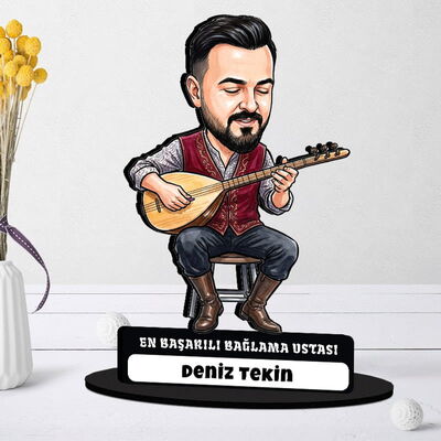  - Bağlama Ustası Müzisyen Erkek Karikatürlü Biblo