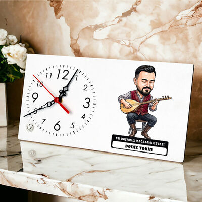  - Bağlama Ustası Müzisyen Erkek Karikatürlü Masa Saati