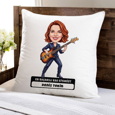  - Bas Gitarist Müzisyen Kadın Karikatürlü Yastık
