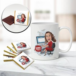  - Bilgisayar Aşığı Kadın Karikatürlü Kupa ve Çikolata
