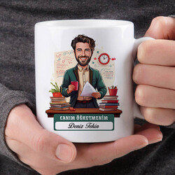 Biricik Öğretmenim Mesajlı Erkek Karikatürlü Bardak - Thumbnail