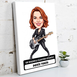  - Elektro Gitarist Müzisyen Kadın Karikatürlü Kanvas Tablo