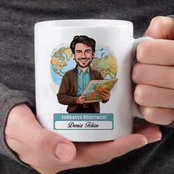 Erkek Coğrafya Öğretmeni Karikatürlü Bardak - Thumbnail
