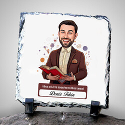  - Erkek Edebiyat Öğretmeni Temalı Karikatürlü Taş