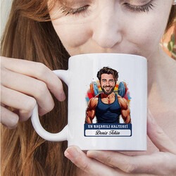 Erkek Halterci Karikatürlü ve İsimli Kupa Bardak - Thumbnail