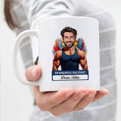 Erkek Halterci Karikatürlü ve İsimli Kupa Bardak - Thumbnail