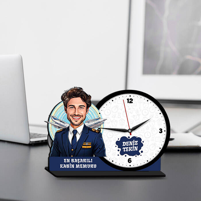 Erkek Kabin Memuru Karikatürlü MDF Masa Saati