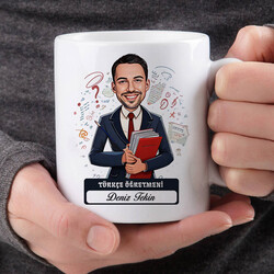 Erkek Türkçe Öğretmeni Karikatürlü Bardak - Thumbnail