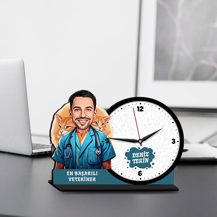 Erkek Veteriner Karikatürlü MDF Masa Saati