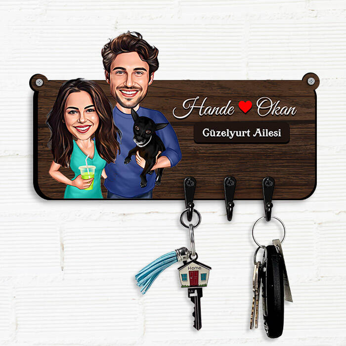 Eşim Ben ve Köpeğimiz Karikatürlü Anahtar Askısı