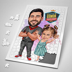  - Futbol Sever Baba ve Kızı Karikatürlü Puzzle