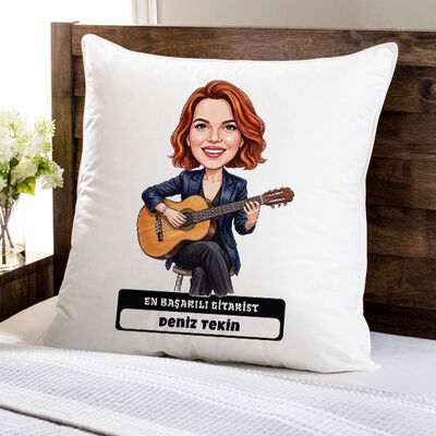  - Gitarist Müzisyen Kadın Karikatürlü Yastık