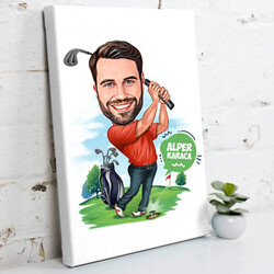 Golf Oynayan Erkek Karikatürlü Kanvas Tablo - Thumbnail