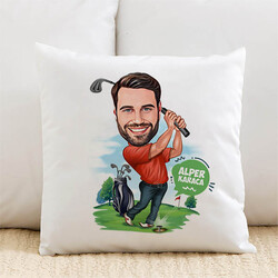 Golf Oynayan Erkek Karikatürlü Yastık - Thumbnail