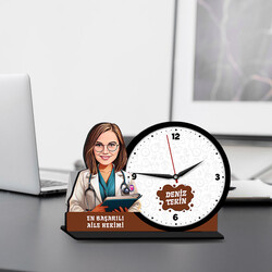  - Kadın Aile Hekimi Karikatürlü MDF Masa Saati