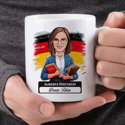 Kadın Almanca Öğretmeni Karikatürlü Bardak - Thumbnail