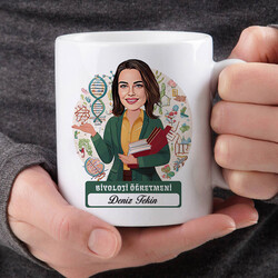 Kadın Biyoloji Öğretmeni Karikatürlü Bardak - Thumbnail