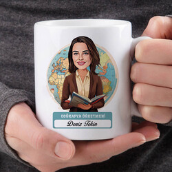 Kadın Coğrafya Öğretmeni Karikatürlü Bardak - Thumbnail