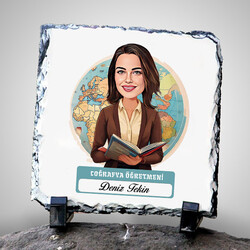  - Kadın Coğrafya Öğretmeni Temalı Karikatürlü Taş