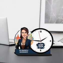  - Kadın Ekonomist Karikatürlü MDF Masa Saati