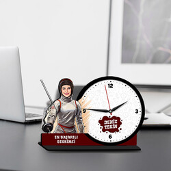  - Kadın Eskrimci Karikatürlü MDF Masa Saati