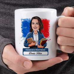 Kadın Fransızca Öğretmeni Karikatürlü Bardak - Thumbnail