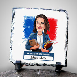  - Kadın Fransızca Öğretmeni Temalı Karikatürlü Taş