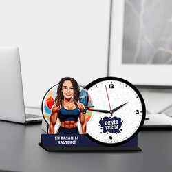  - Kadın Halterci Karikatürlü MDF Masa Saati