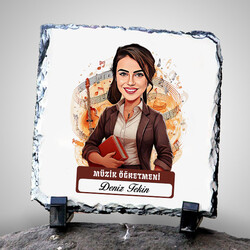  - Kadın Müzik Öğretmeni Temalı Karikatürlü Taş