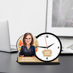  - Kadın Sınıf Öğretmeni Karikatürlü MDF Masa Saati