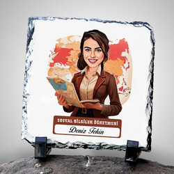  - Kadın Sosyal Bilgiler Öğretmeni Temalı Karikatürlü Taş