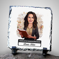  - Kadın Teknoloji Öğretmeni Temalı Karikatürlü Taş