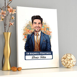 Karikatürlü En İyi Erkek Öğretmen Kanvas Tablo - Thumbnail