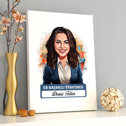 Karikatürlü En İyi Kadın Öğretmen Kanvas Tablo - Thumbnail