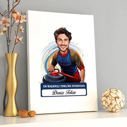 Karikatürlü Erkek Curling Oyuncusu Kanvas Tablo - Thumbnail