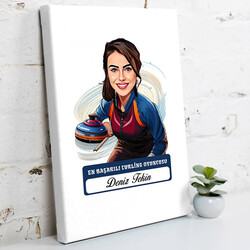  - Karikatürlü Kadın Curling Oyuncusu Kanvas Tablo