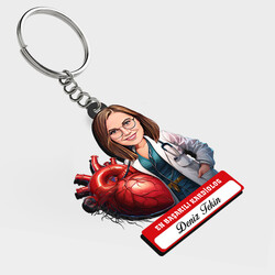  - Karikatürlü - Kadın Kardiolog İsimli Anahtarlık