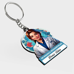  - Karikatürlü - Kadın Mikrobiyolog İsimli Anahtarlık