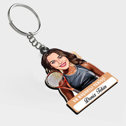  - Karikatürlü - Kadın Tenisçi İsimli Anahtarlık