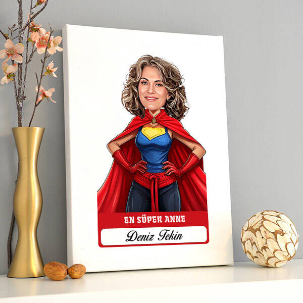 Kişiye Özel En Süper Anne Karikatürlü Kanvas Tablo