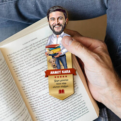 Kitap Kurdu Erkek Karikatürlü Kitap Ayracı - Thumbnail