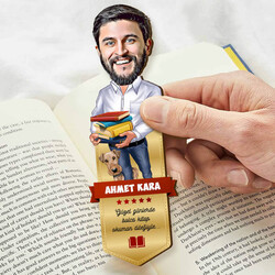 Kitap Kurdu Erkek Karikatürlü Kitap Ayracı - Thumbnail