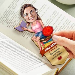  - Kitap Kurdu Kadın Karikatürlü Kitap Ayracı