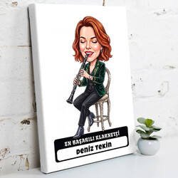  - Klarnet Sanatçısı Müzisyen Kadın Karikatürlü Kanvas Tablo