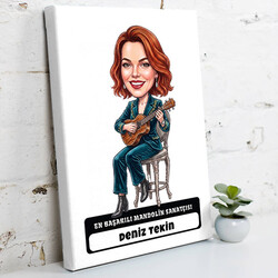  - Mandolin Sanatçısı Müzisyen Kadın Karikatürlü Kanvas Tablo