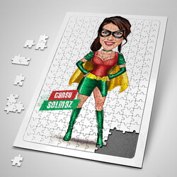  - Pelerinli Süper Kahraman Kostümlü Kadın Karikatürlü Puzzle