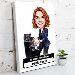  - Piyanist Müzisyen Kadın Karikatürlü Kanvas Tablo